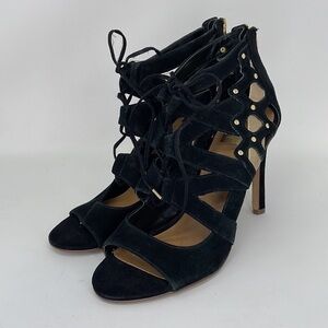 Dolce Vita Shoes Pumps Strappy Caged Heels Black Gold Studs Lace Up Suede Size 9